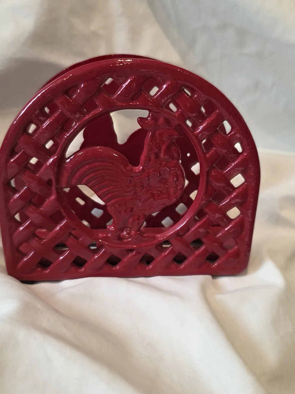 Vintage Farmhouse Red Cast Iron Rooster Napkin Holder French Country Kitchen
